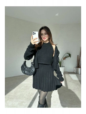 Kadın Siyah Hırka Bluz Yelek  3lü Triko Takım S/M