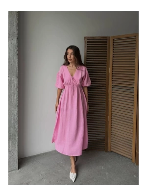 Kadın V Yaka Pembe Müslin Kumaş Kısa Kol Elbise