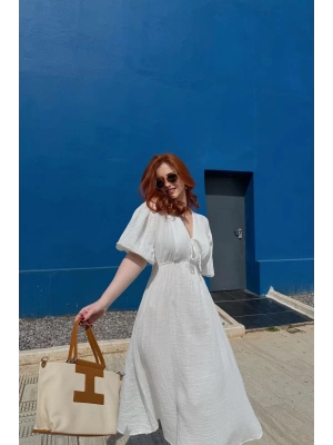 Kadın V Yaka Ekru Müslin Kumaş Kısa Kol Elbise