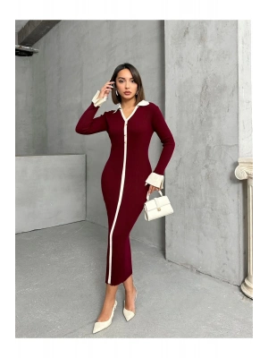 Kadın Bordo Polo Yaka Şık Kol Detaylı Midi Triko Elbise