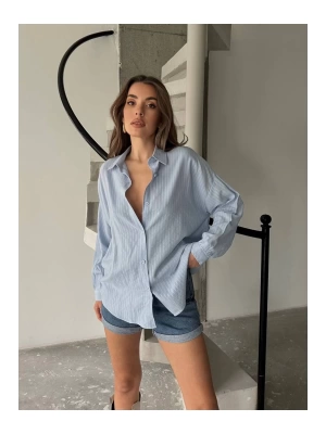 Kadın Bebe Mavisi Premium Kalite Çizgili Oversize Tiril Gömlek