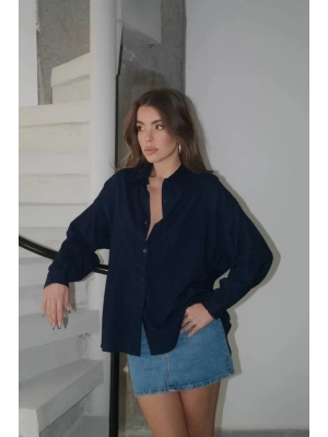 Kadın Siyah Premium Kalite Çizgili Oversize Tiril Gömlek