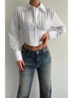Kadın Fit Kesim Korse Detay Dokuma Crop Gömlek - Beyaz