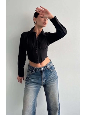 Kadın Fit Kesim Korse Detay Dokuma Crop Gömlek - Siyah