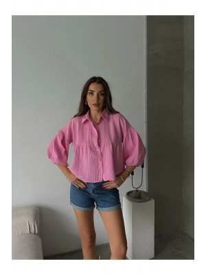 Kadın Pembe Kısa Balon Müslin Kumaş Premium Gömlek