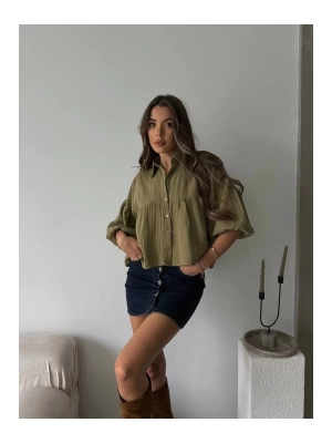 Kadın Haki Kısa Balon Müslin Kumaş Premium Gömlek