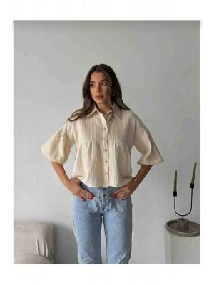 Kadın Bej Kısa Balon Müslin Kumaş Premium Gömlek