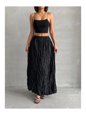 Kadın Siyah Yüksek Bel Kırışık Model Midi Boy Etek