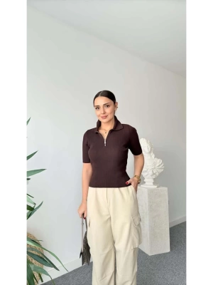 Kadın Bordo Yarım Fermuarlı Esnek Premium Kalite Polo Yaka Triko Bluz