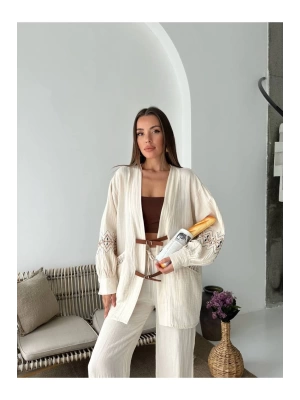 Kadın Ekru Nakış Ve Kemer detaylı Balon Kol Müslin Kumaş Premium Kimono