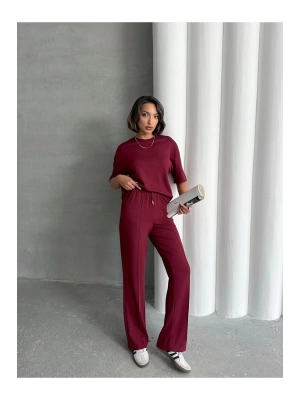 Kadın Bordo Yumuşak Modal Kumaş Kısa Kol Pantolon Bluz Alt Üst İkili Takım