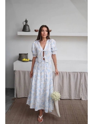 Kadın Premium Kalite Desenli Kimono Bluz Astarlı Etek Alt Üst İkili Takım