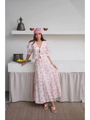 Kadın Premium Kalite Desenli Kimono Bluz Astarlı Etek Alt Üst İkili Takım