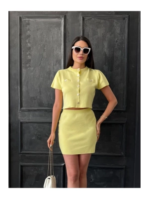 Kadın Limon Sarısı Düğme Detaylı Hırka Etek İkili Yazlık Takım S/m