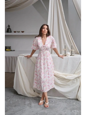 Kadın Pembe Çiçek Desenli Astarlı Yazlık Müslin Elbise