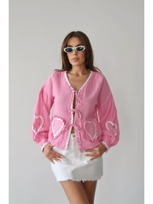 Kadın Pembe Uzun Kol Bağlama Detaylı %100 Pamuk Premium Müslin Bluz Gömlek