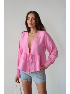 Kadın Pembe Önden Bağlamalı Uzun Kol Müslin Kumaş Kimono Bluz