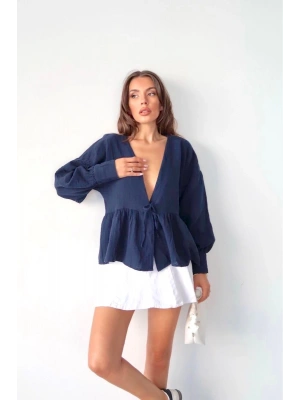 Kadın Lacivert Önden Bağlamalı Uzun Kol Müslin Kumaş Kimono Bluz