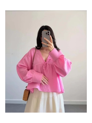 Kadın Uzun Kol Pembe Premium Müslin Kumaş Gömlek Bluz