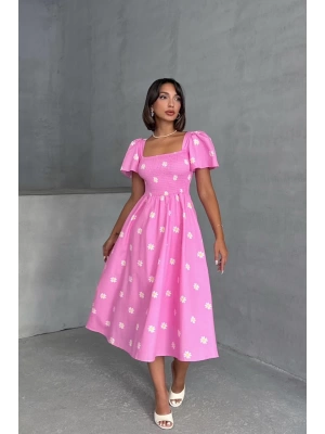 Kadın Papatya Desenli Pembe Poplin Midi Elbise