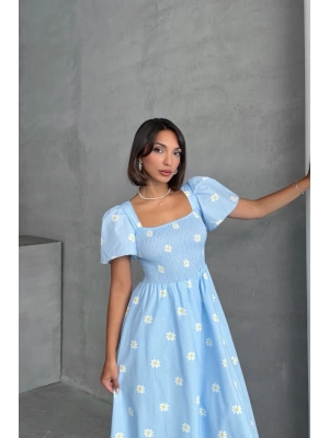 Kadın Papatya Desenli Bebe Mavisi Poplin Midi Elbise