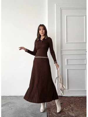 Kadın Kahverengi Simli Şık Şeritli Bluz Etek Alt Üst İkili Premium Triko Takım