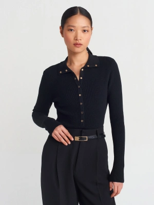 Kadın Siyah  Dik Yaka Çıtçıtlı Uzun Kol Triko Kazak