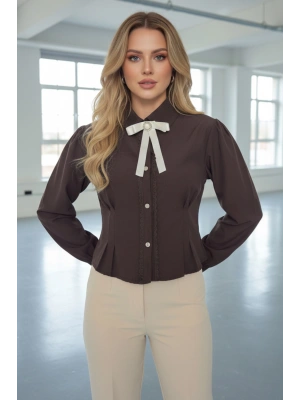 Kadın Kahverengi Fiyonk ve Detaylı Şık Gömlek