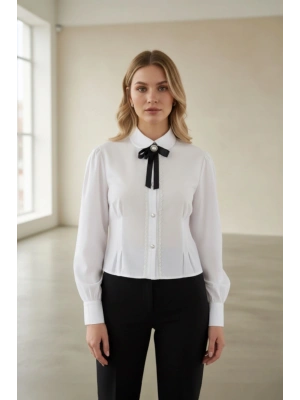 Kadın Kahverengi Fiyonk ve Detaylı Şık Gömlek