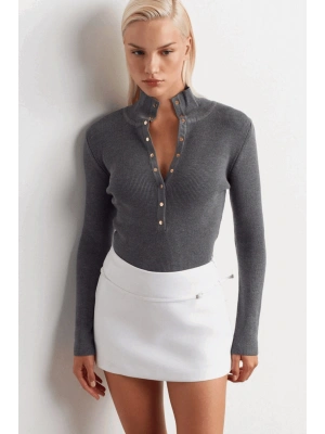 Kadın Antrasit Dik Yaka Çıtçıtlı Uzun Kol Triko Kazak
