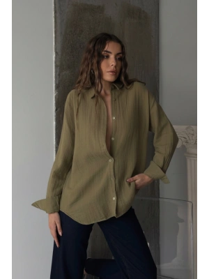 Kadın Haki Müslin Kumaş Premium Gömlek