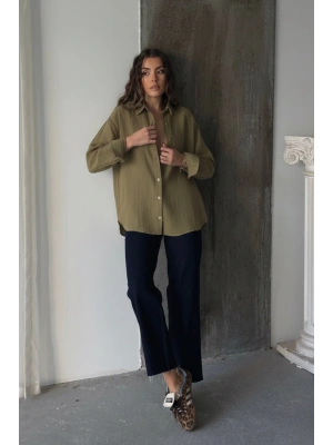 Kadın Haki Müslin Kumaş Premium Gömlek