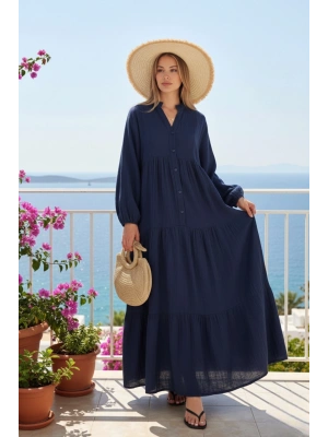 Kadın Lacivert Astarlı Düğme Detaylı Rahat Kalıp Müslin Kumaş Premium Uzun Elbise