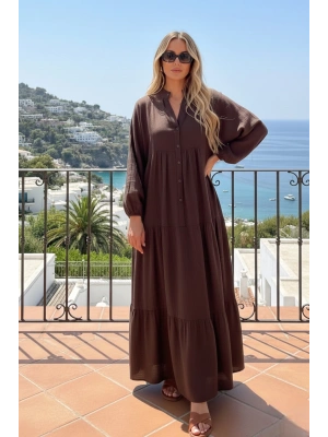 Kadın Acı Kahverengi Düğme Detaylı Rahat Kalıp Müslin Kumaş Premium Uzun Elbise