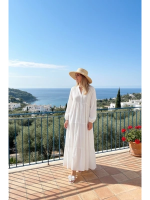Kadın Ekru Düğme Detaylı Rahat Kalıp Müslin Kumaş Premium Uzun Elbise