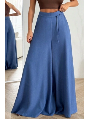 Kadın Mavi Bağcıklı Yüksek Bel Rahat Kesim Bol Paça Sofya Keten Pantolon