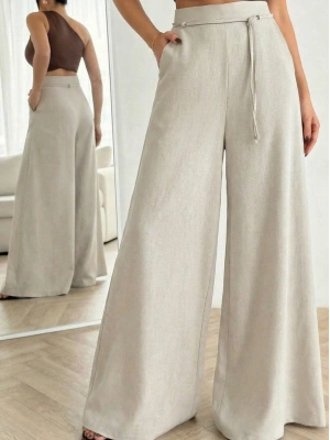 Kadın Taş Bağcıklı Yüksek Bel Rahat Kesim Bol Paça Sofya Keten Pantolon