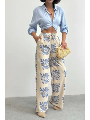 Kadın Bej Etnik Desenli Sofya Keten Pantolon