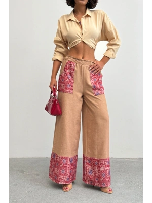 Kadın Kahverengi Etnik Desenli Sofya Keten Pantolon