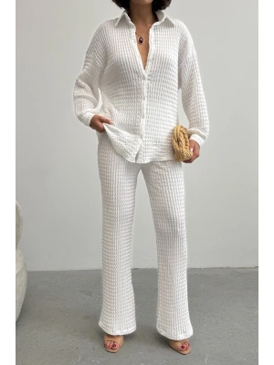 Kadın Ekru Yumuşak Dokulu Gömlek Pantolon İkili Premium Kalite Takım