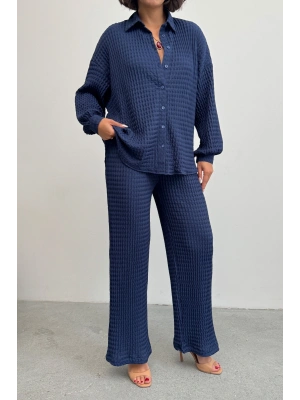 Kadın Lacivert Yumuşak Dokulu Gömlek Pantolon İkili Premium Kalite Takım