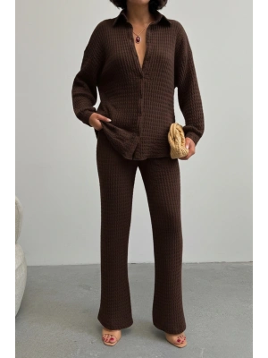 Kadın Kahverengi Yumuşak Dokulu Gömlek Pantolon İkili Premium Kalite Takım