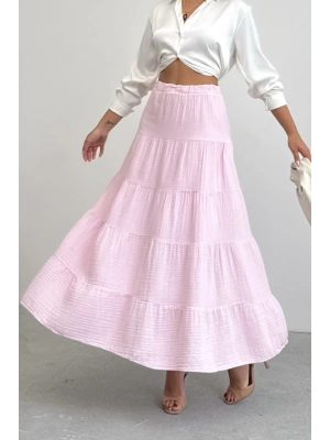 Kadın Şeker Pembe Müslin Kumaş Premium Uzun Etek