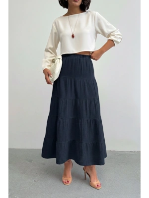 Kadın Lacivert Astarlı Müslin Kumaş Premium uzun Etek