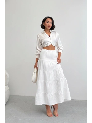 Kadın Ekru Müslin Kumaş Premium Uzun Etek