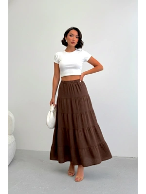 Kadın Acı Kahve Müslin Kumaş Premium Uzun Etek