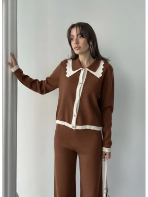 Kadın Kahverengi Yaka Detaylı Alt Üst Şık Triko Takım