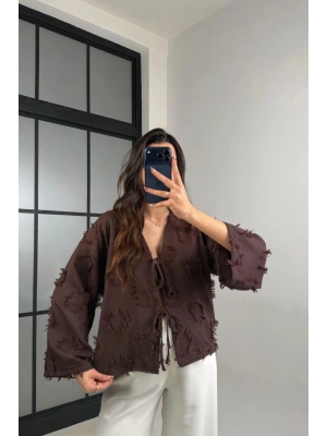 Kadın Kahverengi Püskül Detaylı Bağlamalı Mevsimlik Yazlık Premium Keten Gömlek (Yeni Renk)