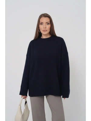 Kadın Lacivert Bisiklet Yaka Pamuksu Dokulu Triko Kazak