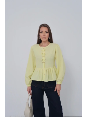 Kadın Limon Sarısı Fiyonk Detaylı Düğmeli Uzun Kol Gömlek Bluz